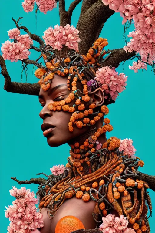 Image similar to hyperrealistic post - renaissance cinematic super expressive! yoruba goddess with exoskeleton armor, merging with tree in a forest, pink orange flowers, highly detailed digital art masterpiece, smooth cam de leon eric zener dramatic pearlescent soft teal light, ground angle hd 8 k, sharp focus