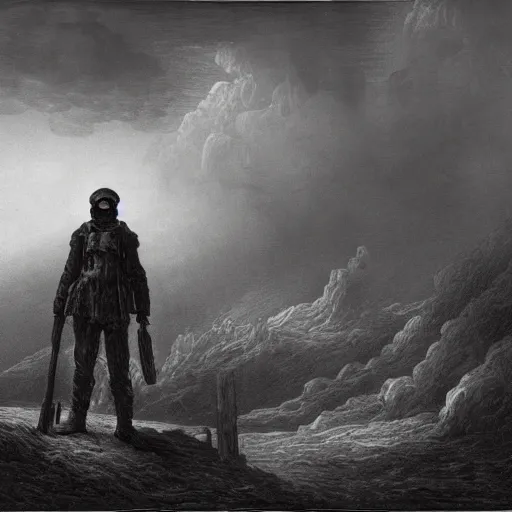 Image similar to apocalyptic landscape, soldier in gasmask, dark clouds, dark, eerie, dystopian, city, end times, illustration by Gustave Doré