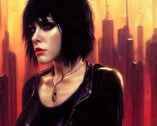 Image similar to a 4 k cinematic screenshot still portrait of joan jett in bladerunner, deep focus, d & d, fantasy, intricate, elegant, highly detailed, digital painting, artstation, concept art, matte, sharp focus, illustration, dark fantasy style art, hearthstone, art by artgerm and greg rutkowski and alphonse mucha