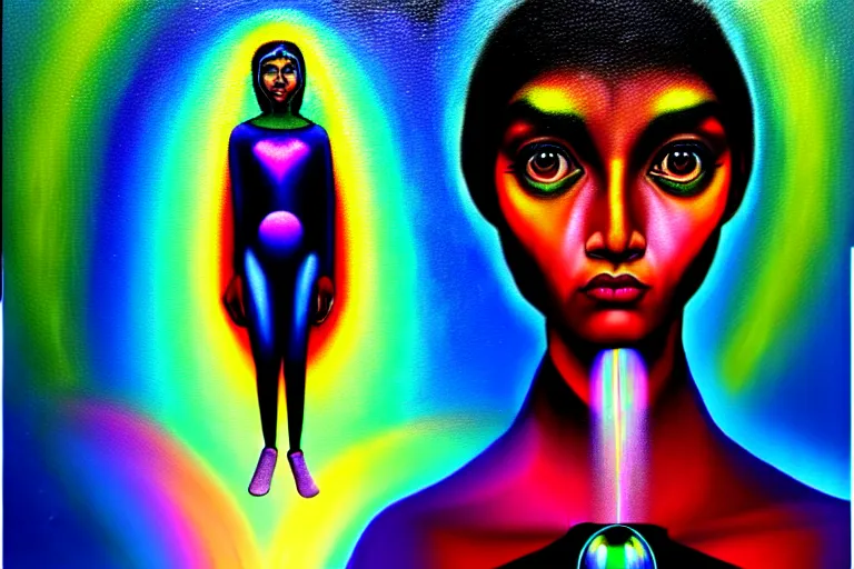 Image similar to patron saint of 🛸🌈👩🏾, futuristic iridescent clothing, wormhole, nebula, black hole, multiverse, neon god of city character portrait, in the style of margaret keane, moebius, tom bagshaw, and waterhouse, cinematic lighting, beautiful, elegant, oil painting,