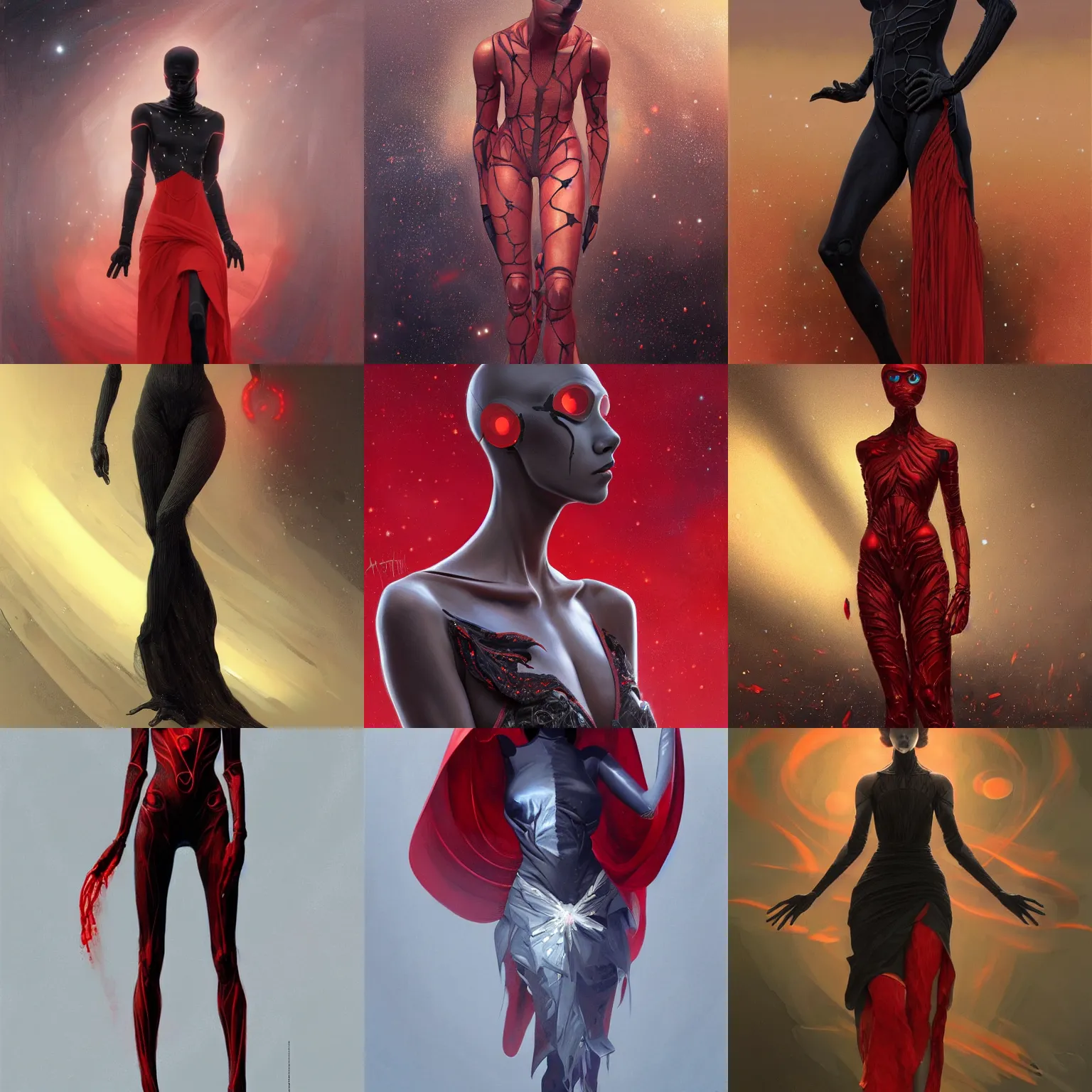 Prompt: a humanoid figure with no face and long spindly fingers with solid black skin with stars for skin wearing a red mechanics jumpsuit, intricate, elegant, highly detailed, digital painting, artstation, concept art, smooth, sharp focus, illustration, art by artgerm and greg rutkowski and alphonse mucha, 8 k