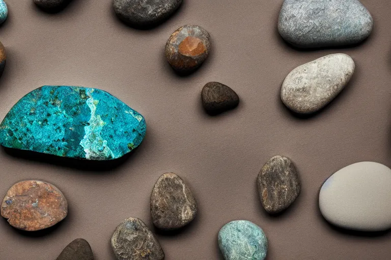 Image similar to , an octane render of a beautiful mineral stone, shades of teal, silver and dark brown, beautiful raw jasper, gallery display photograph, ambient lighting, intricate light, detailed