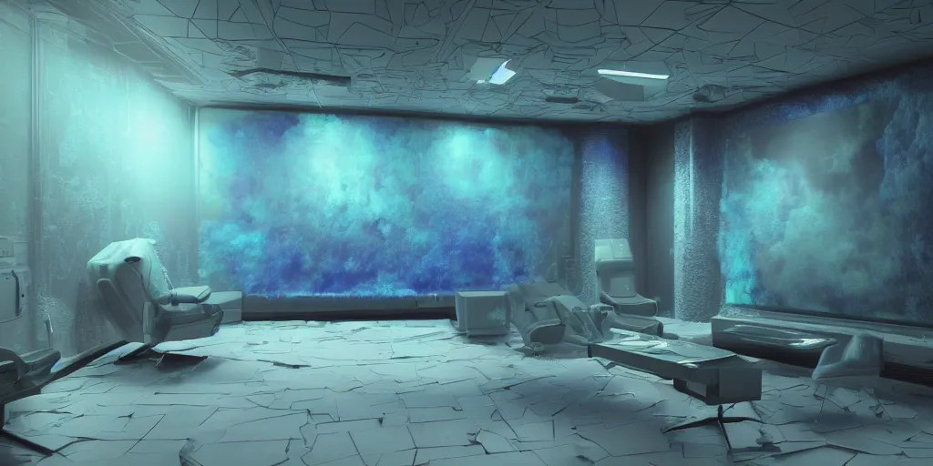 Image similar to a photorealistic futuristic 3D room with four very fuzzy walls all over and with glowing CRT computer monitors embedded into the wall, Trending on artstation, cinematic lighting from the right, hyper realism, octane render, 8k, depth of field, 3D