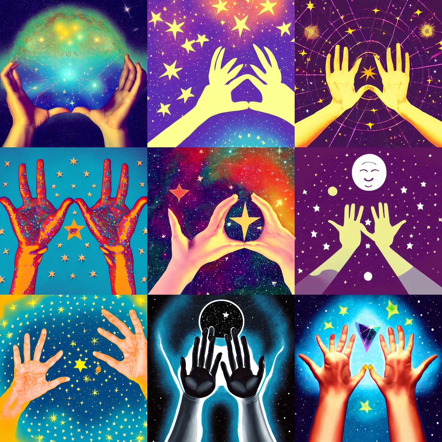 Prompt: a picture of two hands with stars and open eyes on them, an album cover by Apelles, featured on dribble, behance, holography, neoplasticism, holographic, cosmic horror, skeuomorphic, parallax