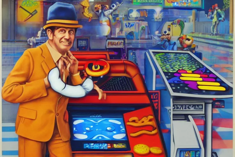 Image similar to charles cottet's 1 9 8 3 airbrush painting of inspector gadget playing ms pac man in an arcade