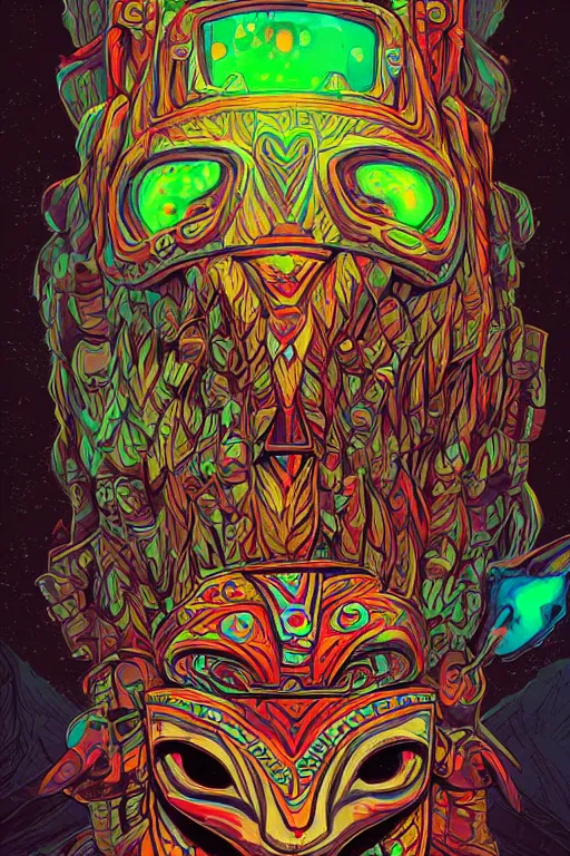 Image similar to totem animal tribal chaman vodoo mask feather gemstone plant wood rock video game illustration vivid color borderlands by josan gonzales and dan mumford radiating a glowing aura