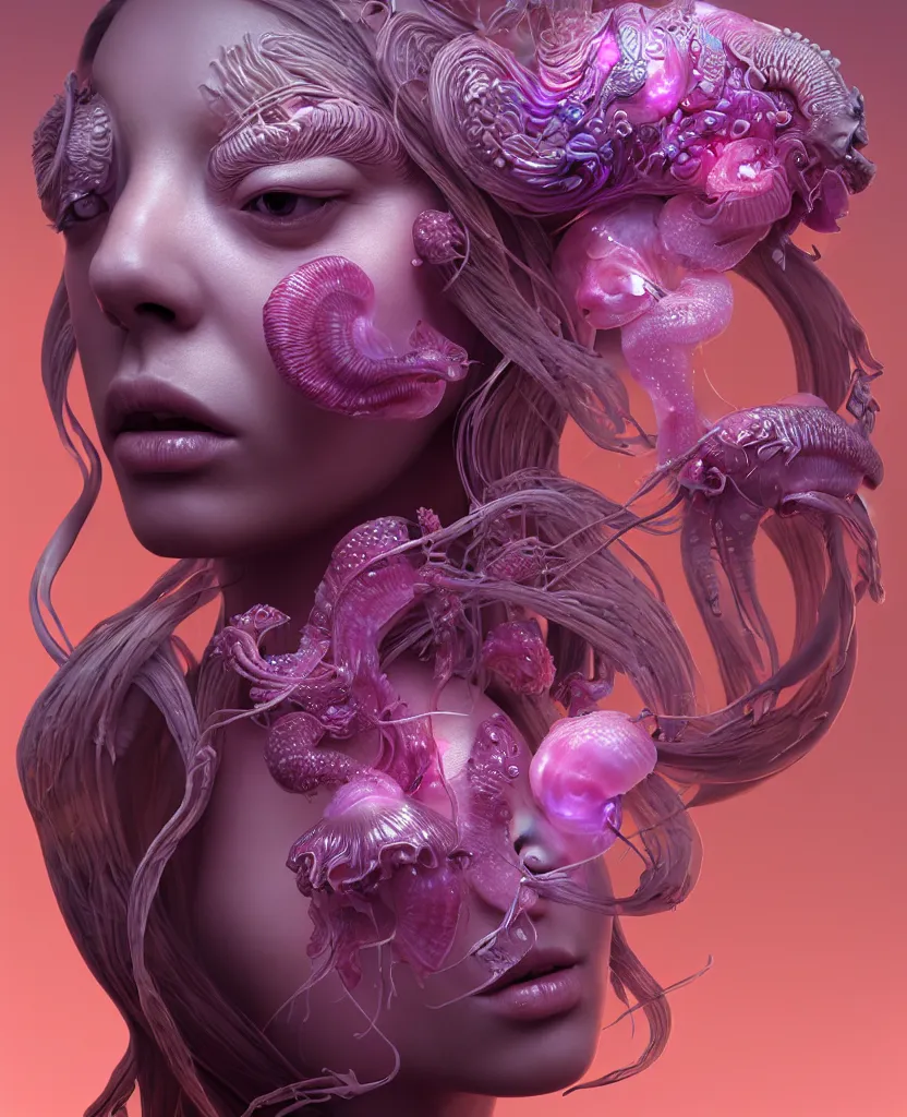 Image similar to goddess princess beautiful face close-up portrait ram skull zbrush sculpt. jellyfish phoenix head, nautilus, orchid, skull, betta fish, bioluminiscent creatures, intricate artwork by Tooth Wu and wlop and beeple. octane render, trending on artstation, greg rutkowski very coherent symmetrical artwork. cinematic, hyper realism, high detail, octane render, 8k