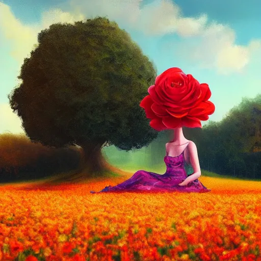 Image similar to giant rose flower as a head, full body girl sitting in a flower field, surreal photography, sunrise, dramatic light, impressionist painting, colorful clouds, digital painting, artstation, simon stalenhag