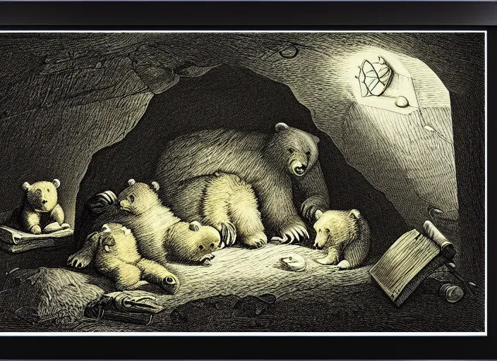 Image similar to Pieter Claesz's 'a bear and her cubs sleeping in a dark cave, lit by hole in roof', night time, cross hatching, framed, monochrome, yellow