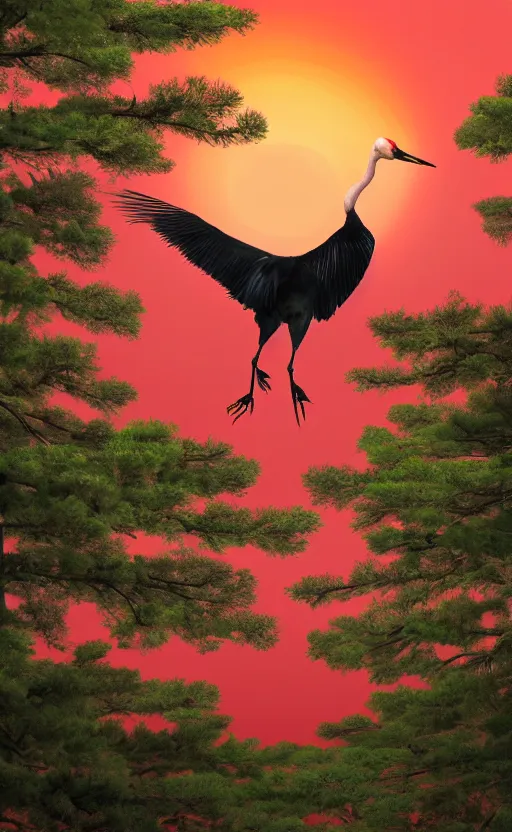 Prompt: a huge japanese crane bird is chilling above a lake in the middle of a forest of japanese pines, a big red sun in the background, front trading card, photorealistic, high details, trending on behance, 8k, stunning, volumetric, ray tracing