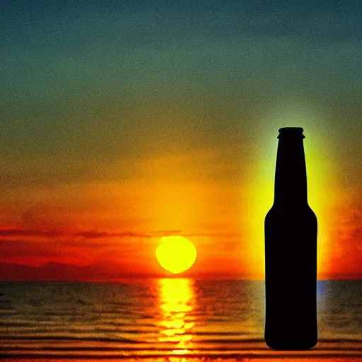 Prompt: a photo of a sunset with a beer bottle in the style of album art