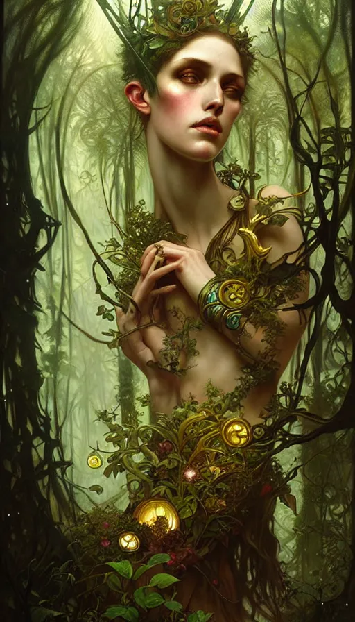 Image similar to consciousness concept art, lush forest, magic, gnarly details, gold, gems, dramatic lighting, denoised, painted by tom bagshaw, alphonse mucha