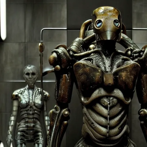 Prompt: prometheus movie still frame by giger, marble bismuth and alabaster cyclop ironman