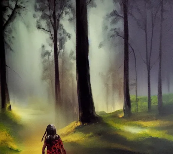 Image similar to a girl wandering in a dark forest, dim lighting, oil painting, scary atmosphere