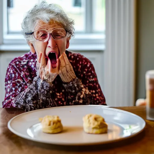 Image similar to elderly woman screaming at a plate of scones, canon eos r 3, f / 1. 4, iso 2 0 0, 1 / 1 6 0 s, 8 k, raw, unedited, symmetrical balance, wide angle