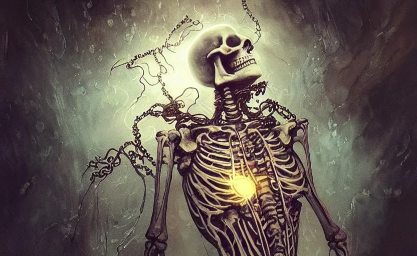 Image similar to psychedelic skeleton with trinket necklace, looking upward, epic angle and pose, reflective pool, symmetrical artwork, ayahuasca, translucent, fungus, energy flows of water and fire, highly detailed, epic cinematic concept art, excellent composition, dystopian brutalist atmosphere, dynamic dramatic lighting, aesthetic, very inspirational, arthouse, Greg Rutkowski, Artgerm