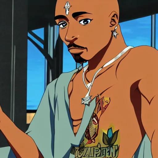 Image similar to Tupac Shakur, screenshot from a 2012s anime