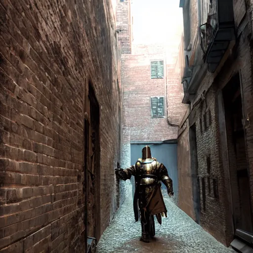 Image similar to a steampunk knight walking down an alley