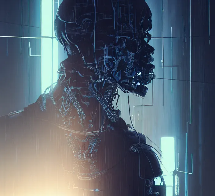 Image similar to cyberpunk neon skeleton jesus, noir, sharp focus, intricate, illustration, cell shaded, digital painting, highly detailed, matte, art by ilya kuvshinov, wlop, greg rutkowski, reflections, studio quality, james jean, artem demura