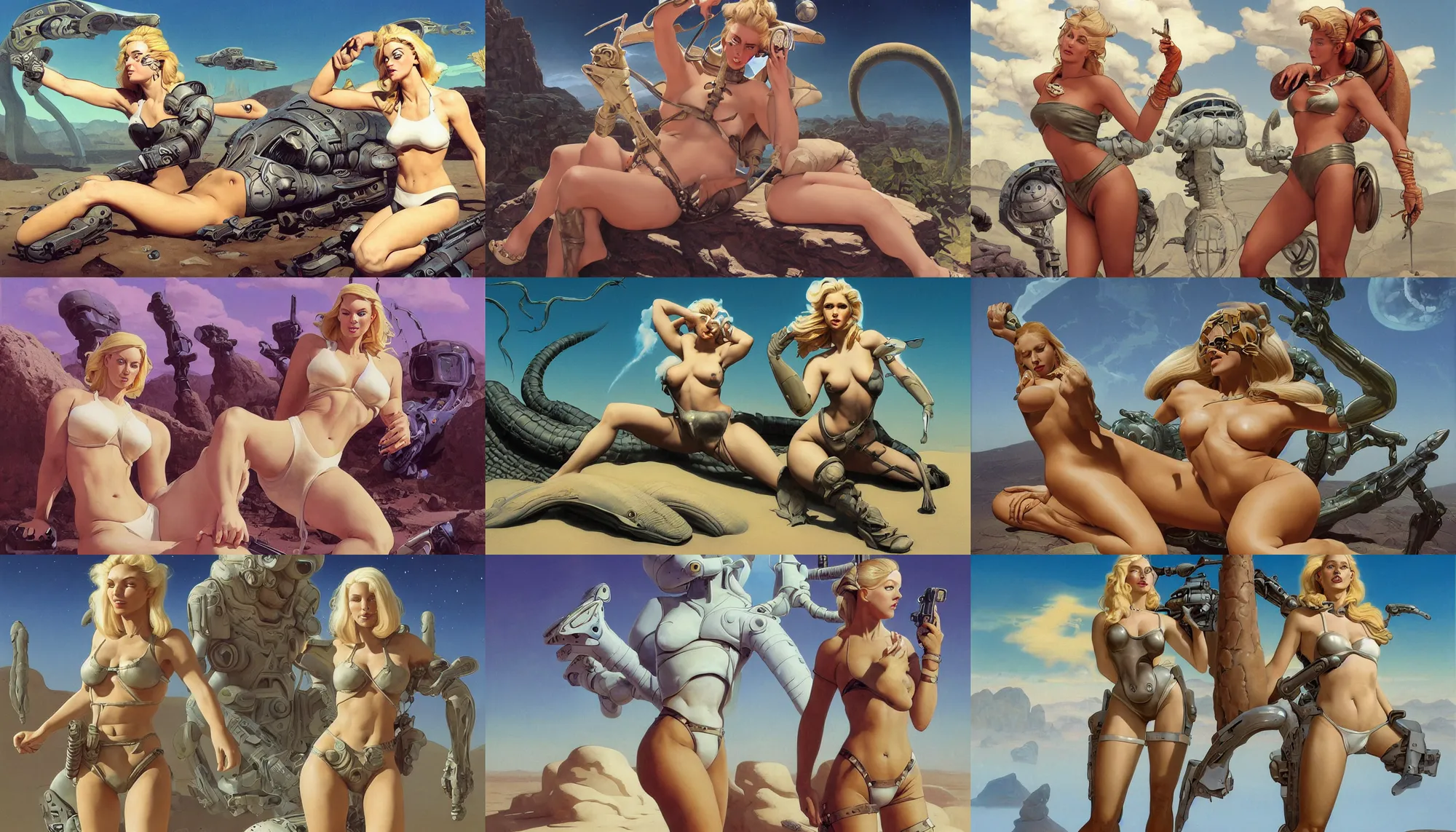 Prompt: A mixed media portrait painting of a beautiful blonde woman relaxing on a desert alien planet, soldier, very curvy, aesthetic! white high-waisted bikini-armor and boots, aesthetic symmetrical face and eyes, Scandinavian, by Boris Vallejo, Beeple, Frank Frazetta, Greg Rutkowski, Christian MacNevin, Alphonse Mucha, epic fantasy character art, high fantasy, CGsociety, 60's Sci-fi Pinup style, exquisite detail, post-processing, masterpiece, cinematic