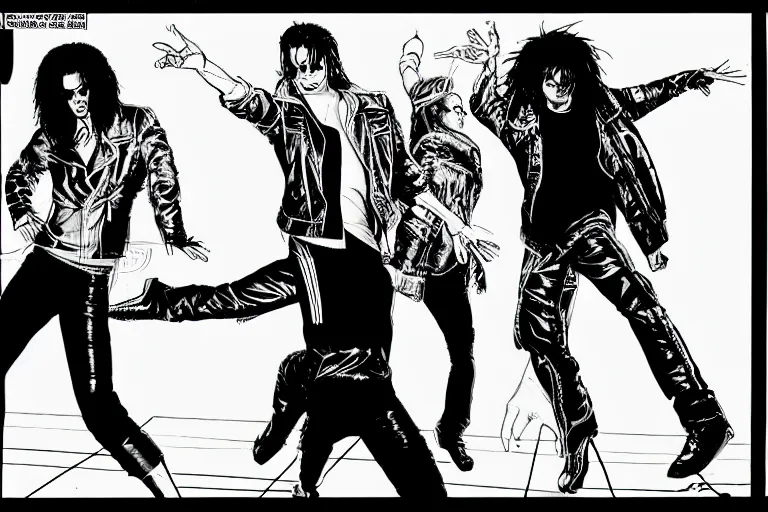 Image similar to michael jackson dancing, a page from cyberpunk 2 0 2 0, style of paolo parente, style of mike jackson, adam smasher, johnny silverhand, 1 9 9 0 s comic book style, white background, ink drawing, black and white