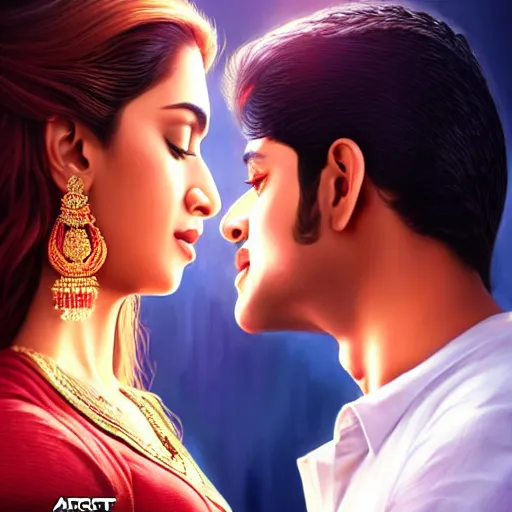 Prompt: perfectly centered bollywood movie promotional poster of young guy and beautiful girl side profile faces symmetrical ; real life portrait, ultra realistic, high coherence, intricate, hdr, highly detailed, photorealistic, octane render, 8 k, unreal engine ; romantic theme, two lovers sharing one heart ; art by artgerm, greg rutkowski, charlie bowater