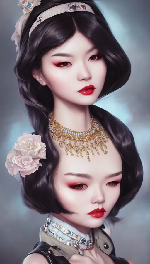 Image similar to a pin up and beautiful fashion and charming and dreamlke asian girl, lv jewelry, art by artgerm & jeehyung lee & wlop, hyperdetailed, 8 k realistic, symmetrical, frostbite 3 engine, cryengine, dof, trending on artstation, digital art