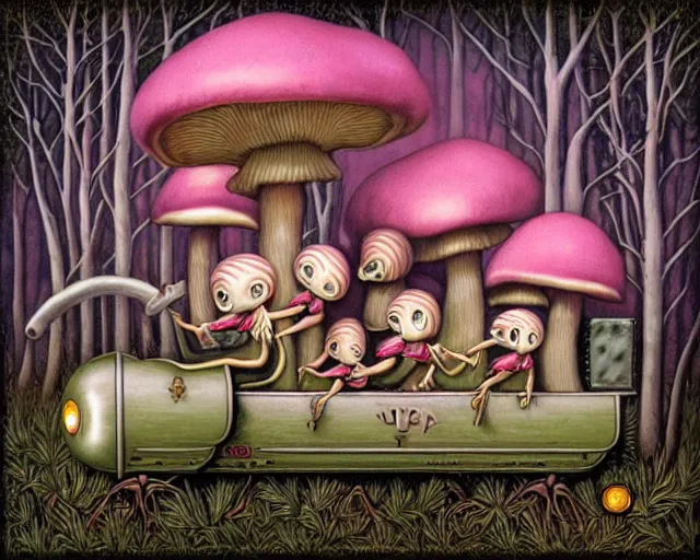 Prompt: detailed mushroom elves riding train in a dark mysterious forest by mark ryden