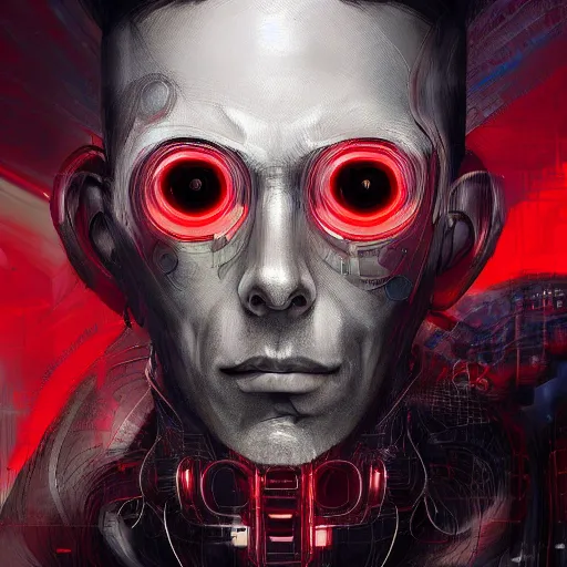 Prompt: a digital painting of a man with red eyes, cyberpunk art by android jones, zbrush central contest winner, afrofuturism, dystopian art, detailed painting, parallax