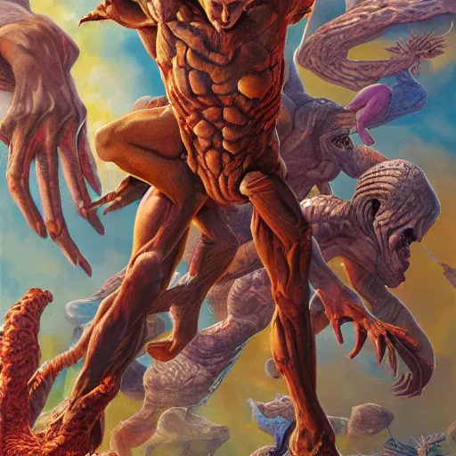 Prompt: detailed details photorealistic the evolution of life but mutant version timeline in the style of moebius and alex ross, gouache and wash paints color, detailed details facial and body and human and environments and proportionate, detailed 5 k details.