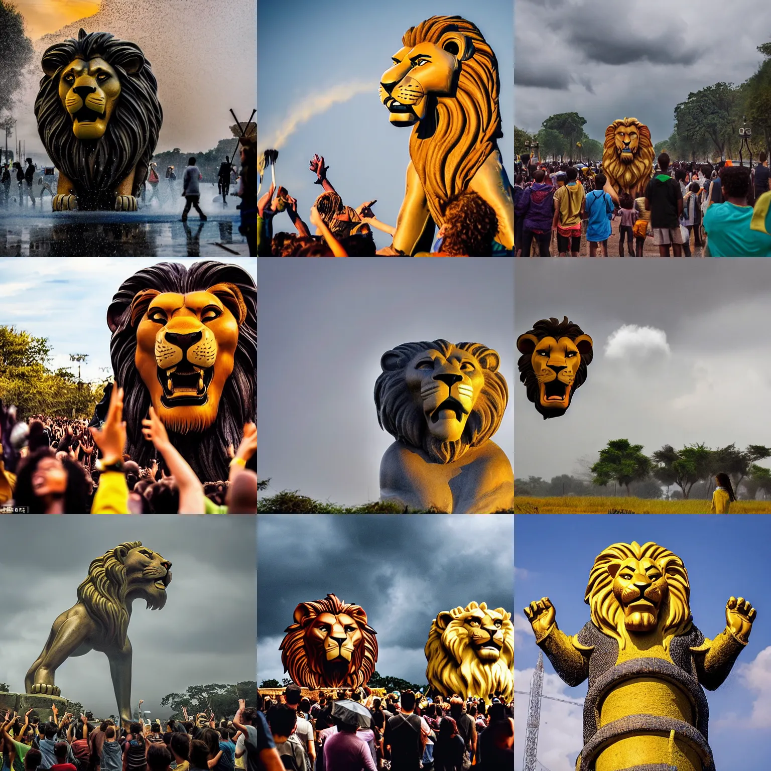 Image similar to people standing in the toxic rain worship the giant cartoon lion head of king mufasa fly from the epic magical skies, king mufasa fly in sky