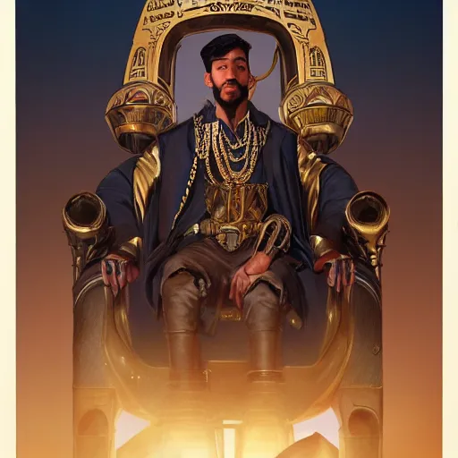 Image similar to portrait of a handsome egyptian prince on a steampunk throne of a desert city, headshot, highly detailed, digital painting, artstation, concept art, sharp focus, cinematic lighting, illustration, art by artgerm and greg rutkowski, alphonse mucha, cgsociety