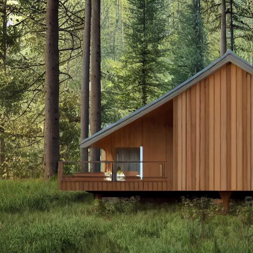 Prompt: a modern cabin in a forest with deers and rabbits and many animals around