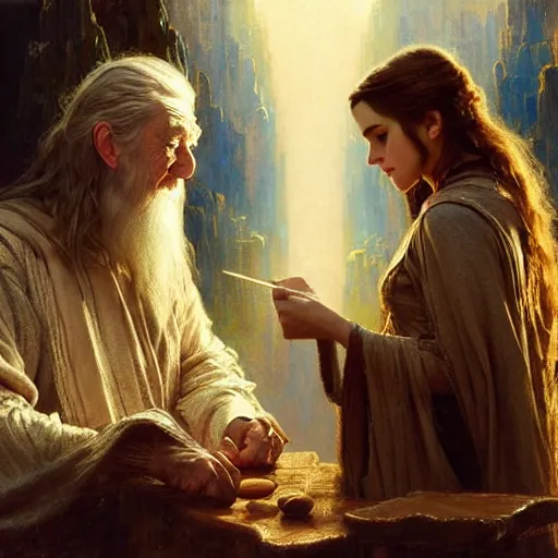 Image similar to gandalf and emma watson studying magic, highly detailed painting by gaston bussiere, craig mullins, j. c. leyendecker 8 k