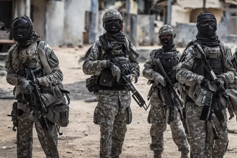 Image similar to Mercenary Special Forces soldiers in grey uniforms with black armored vest and black helmets in urban warfare in Cambodia 2022, Canon EOS R3, f/1.4, ISO 200, 1/160s, 8K, RAW, unedited, symmetrical balance, in-frame, combat photography