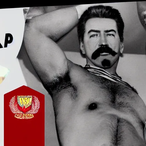 Image similar to lgbt art, tom of finland style, stalin, love with lenin, in billy herrington body, in gym, art in 4 k, high quality