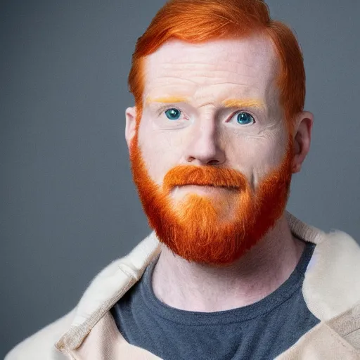 Prompt: photograph of a ginger male, middle aged balding superhero