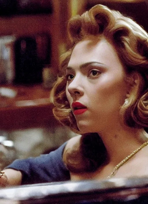 Image similar to movie still of scarlett johannson with a very big bust in goodfellas, directed by martin scorsese