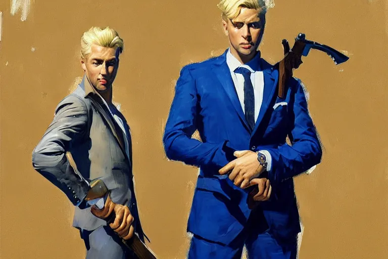 Image similar to greg manchess portrait painting of a blond man in a blue suit with a sword and a pistol, asymmetrical, profile picture, organic painting, sunny day, matte painting, bold shapes, hard edges, street art, trending on artstation, by huang guangjian, gil elvgren, ruan jia, randy vargas, greg rutkowski