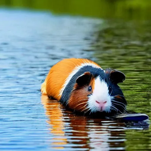 Image similar to A guinea pig paddling a kayak on a calm river