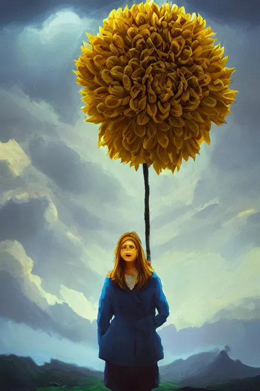 Image similar to closeup girl with huge yellow dahlia flower face, intricate, standing on mountain, surreal photography, blue storm clouds, dramatic light, impressionist painting, digital painting, artstation, simon stalenhag