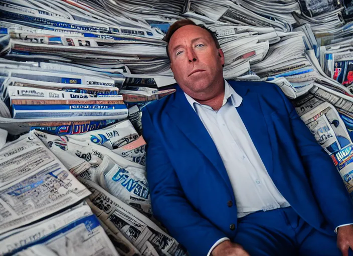 Prompt: dslr photo still of alex jones in a blue suit sitting depressed in a room filled to the ceiling with newspapers, 5 2 mm f 5. 6
