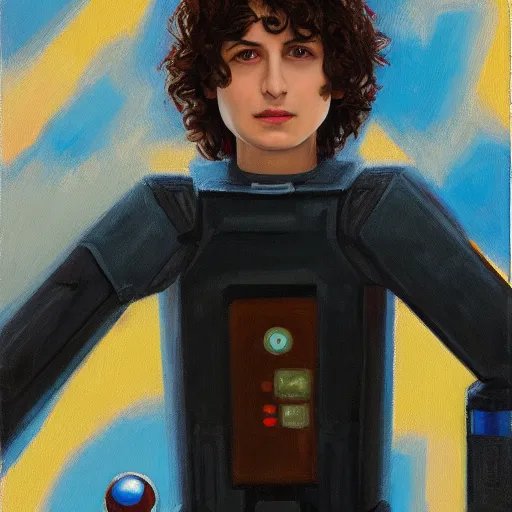 Image similar to a portrait of finn wolfhard as a robot, oil painting, pale colors, high detail, 8 k, wide angle, trending on artstation,