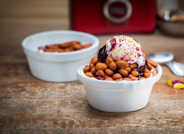 Image similar to dslr food photograph of ice cream sundae with baked bean topping, 8 5 mm f 1. 8