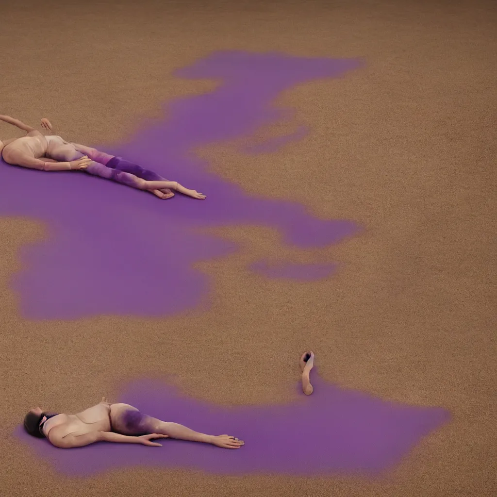 Image similar to close - up view of iridiscent oil spill in desert sand tempest with women corpses connected by cables and computers to wax forms to a buried baby relaxing on yoga mat, faded, purple gradient, dust, purple fog, depth of field, by werner herzog, hans bellmer and nadav kander, 8 k, sad atmosphere, cinematic