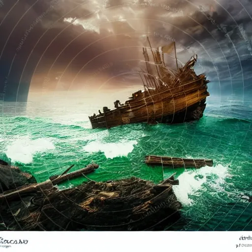 Prompt: wooden shipwreck of old pirate ship on rocks at sea, dramatic lighting, sun beams, god rays illuminating wreck, dark background, gloomy green sea, fantasy art