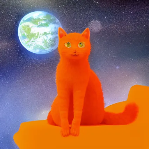 Prompt: A fuzzy orange cat sitting on planet earth, space with stars in the background, digital art, matte art, trending on artststion and unreal engine, deviant art