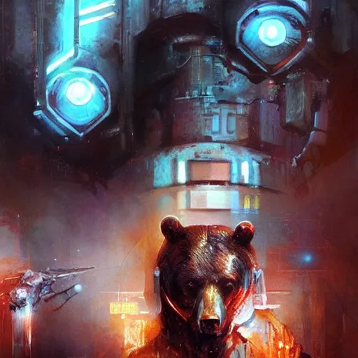 Image similar to brown bear, painting by Raymond Swanland, cyberpunk, sci-fi cybernetic implants hq