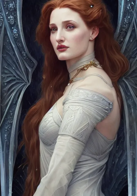 Image similar to sansa angeline jolie gessica chastain ice queen, intricate, elegant, highly detailed, digital painting, artstation, concept art, smooth, sharp focus, illustration, art by artgerm and greg rutkowski and alphonse mucha and william - adolphe bouguereau