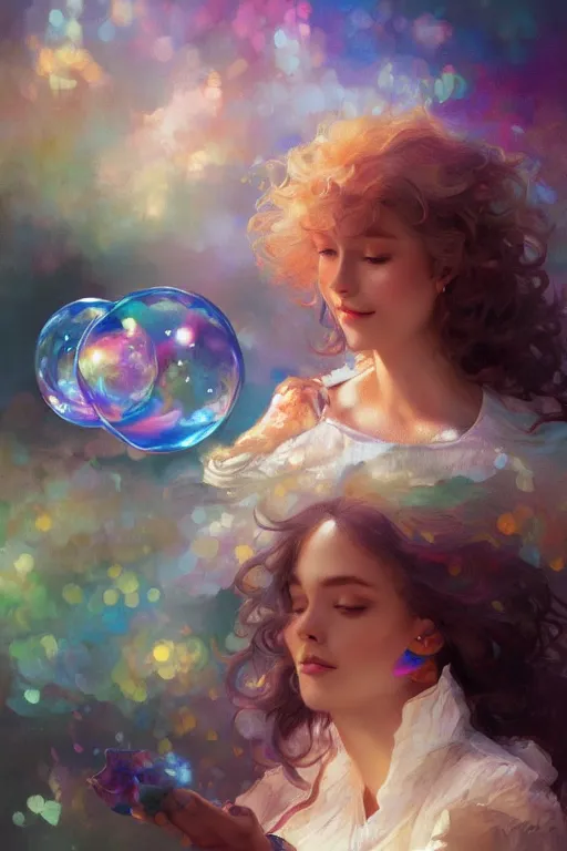 Image similar to bob ross, dreamy and ethereal,, fantasy, intricate, elegant, rainbow bubbles, highly detailed, digital painting, artstation, concept art, smooth, sharp focus, illustration, art by artgerm and greg rutkowski and alphonse mucha